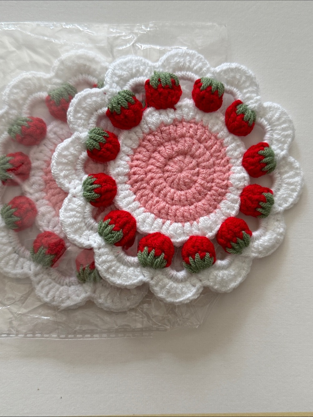 2 Handmade Pink, White & Red Strawberry Crochet mug coasters